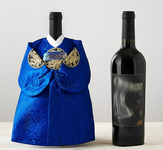Hanbok Wine Bottle Cover – Royal (King) Style, Blue | Gift Sleeve for 750 ml