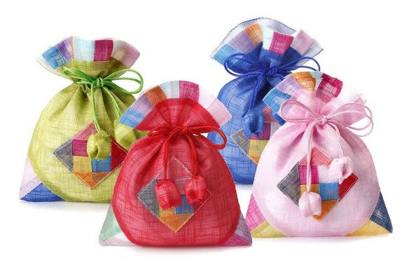 Ramie Patchwork Jogakbo Drawstring Pouch 4-Pack – Red, Pink, Blue, Light Green (Semi-Sheer “Mosi” Lucky Bags)