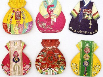 Mini Traditional Card Set – Hanbok Lucky Pouch Design, Gold-Foil Accents (Mixed Colors) | 6 Designs + 6 Envelopes × 2 Sets (12 Cards)