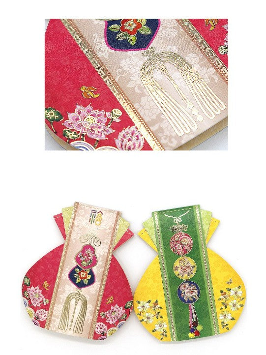 Mini Traditional Card Set – Hanbok Lucky Pouch Design, Gold-Foil Accents (Mixed Colors) | 6 Designs + 6 Envelopes × 2 Sets (12 Cards)