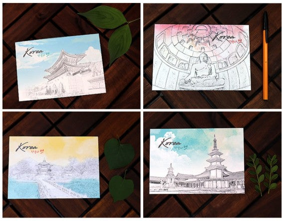 Korea Landmark Illustration Postcard Set – 10 Cards + 10 Envelopes (160 × 110 mm, Mixed)