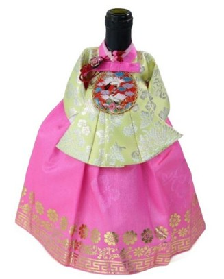 Hanbok Wine Bottle Cover – Royal (Queen) Style, Mustard Jeogori (Gold-Foil) & Pink Skirt, | Gift Sleeve for 750 ml