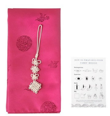 Cherry Pink Silk-Style Bojagi + Norigae Wine Gift Set (55×55 cm) – Knot Guide & Clear Band Included