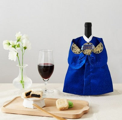Hanbok Wine Bottle Cover – Royal (King) Style, Blue | Gift Sleeve for 750 ml