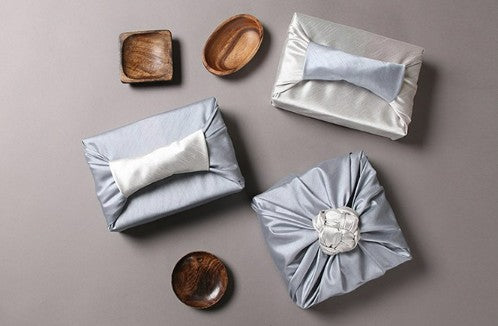 Reversible Silk-Style Double-Layer Bojagi 3-Pack – Blue Gray & Ivory (80×80 cm, Code 102) | 100% Polyester Slub