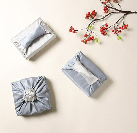 Reversible Silk-Style Double-Layer Bojagi 3-Pack – Blue Gray & Ivory (80×80 cm, Code 102) | 100% Polyester Slub