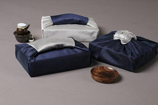 Reversible Silk-Style Double-Layer Bojagi 3-Pack – Deep Navy & Ivory (80×80 cm, Code 105) | 100% Polyester Slub