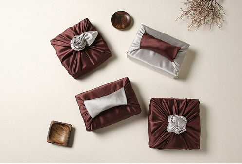 Reversible Silk-Style Double-Layer Bojagi 3-Pack – Brown & Ivory (80×80 cm) | 100% Polyester Slub