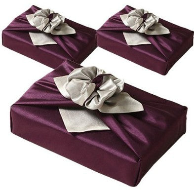 Reversible Silk-Style Double-Layer Bojagi 3-Pack – Deep Purple & Ivory (80×80 cm) | 100% Polyester Slub