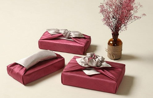 Reversible Silk-Style Double-Layer Bojagi 3-Pack – Plum Rose & Ivory (80×80 cm) | 100% Polyester Slub