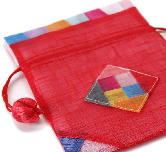 Ramie Patchwork Jogakbo Drawstring Pouch 4-Pack – Red, Pink, Blue, Light Green (Semi-Sheer “Mosi” Lucky Bags)