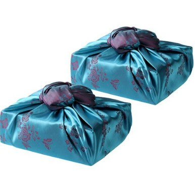 Embroidered Satin Bojagi 2-Pack – Bukcheong(Deep Navy Blue) Blue (Flowers & Butterfly, 70×70 cm)