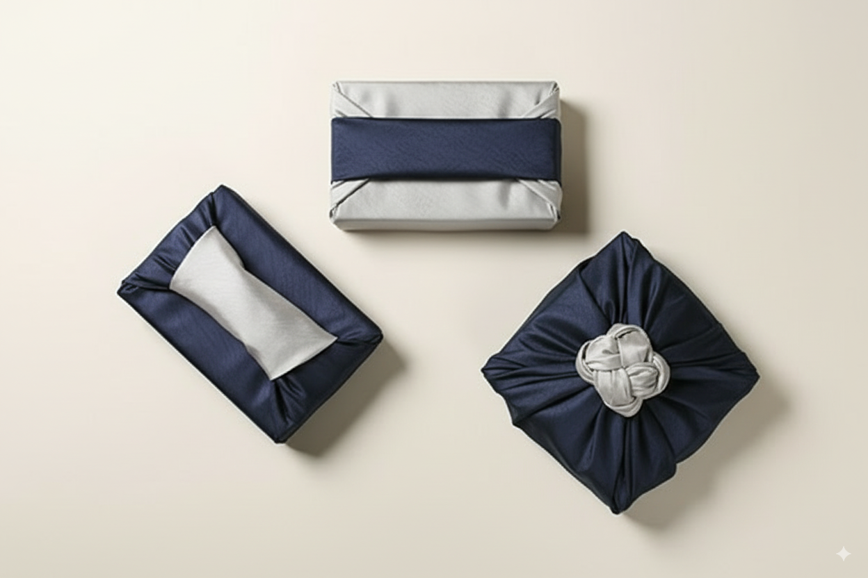 bojagi gift wrap — slub double-layer reversible — DeepNavy/ivory — 50 cm — solid ivory background