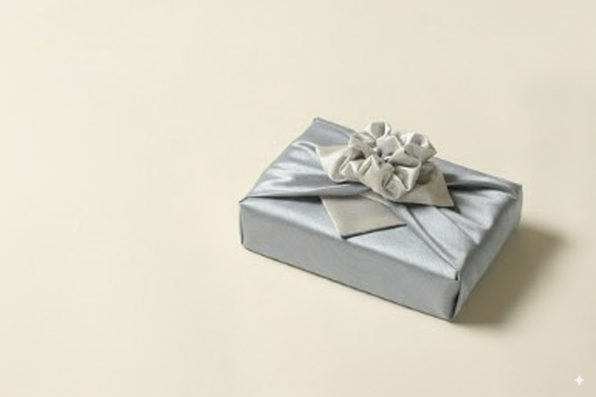 bojagi gift wrap — slub double-layer reversible — blue gray/ivory — 50 cm — solid ivory background