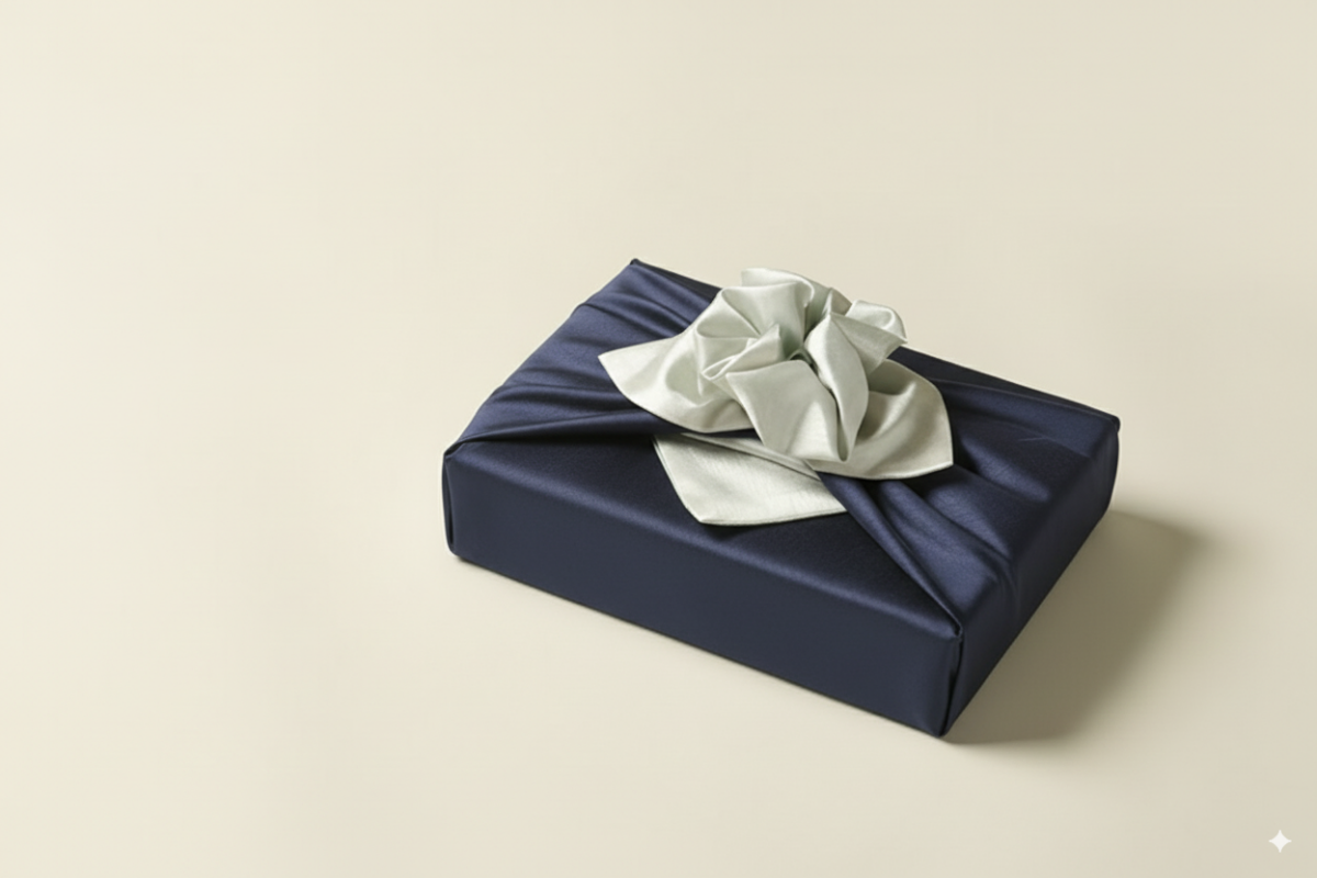 bojagi gift wrap — slub double-layer reversible — DeepNavy/ivory — 50 cm — solid ivory background