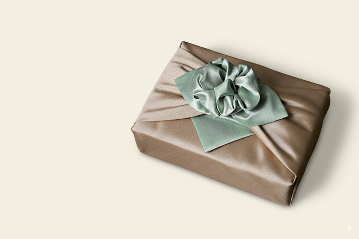 bojagi gift wrap — slub double-layer reversible — Green/ivory — 50 cm — solid ivory background