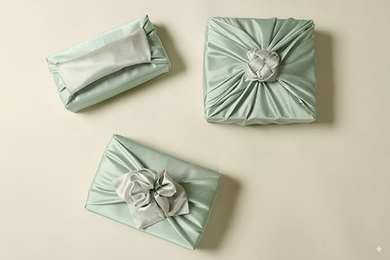bojagi gift wrap — slub double-layer reversible — [Pastel_Green] — 50 cm — solid ivory background