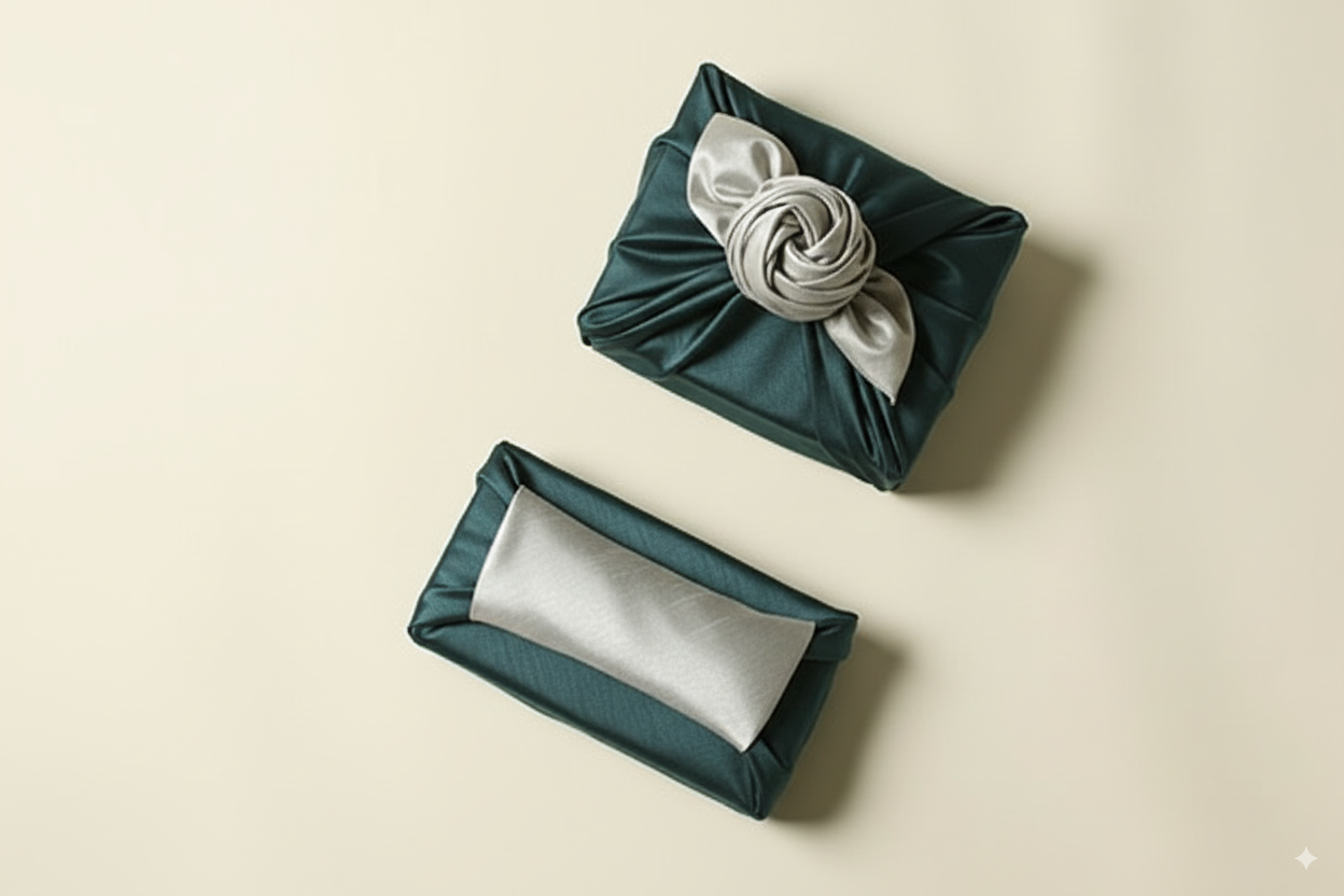 bojagi gift wrap — slub double-layer reversible — [teal] — 50 cm — solid ivory background