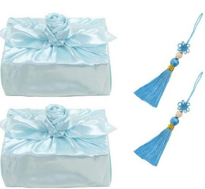 Sky Blue Bojagi Gift Set – 2 Wrapping Cloths (108×108 cm) + 2 Norigae + 2 Bands | Satin
