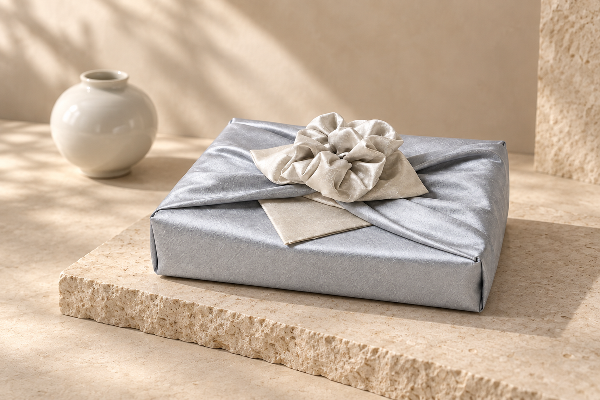 Slub Double Layer Reversible Bojagi Blue Gray Ivory Ivory Single 50Cm 150Cm — Korean ceramic display