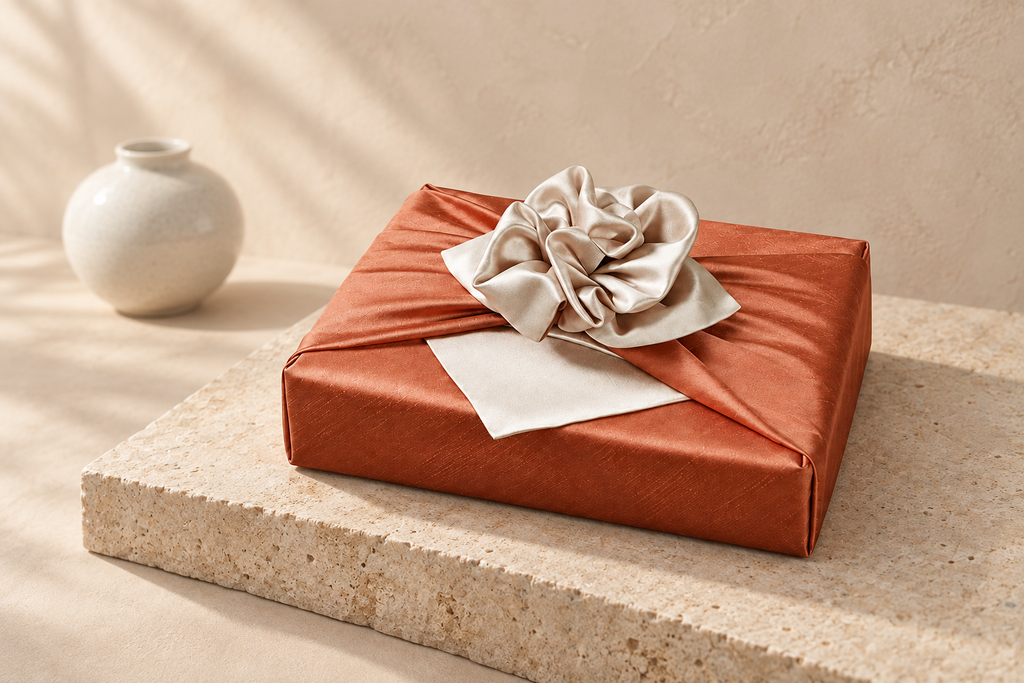 Slub Double Layer Reversible Bojagi Dark Orange Ivory 50 150Cm — Korean ceramic display