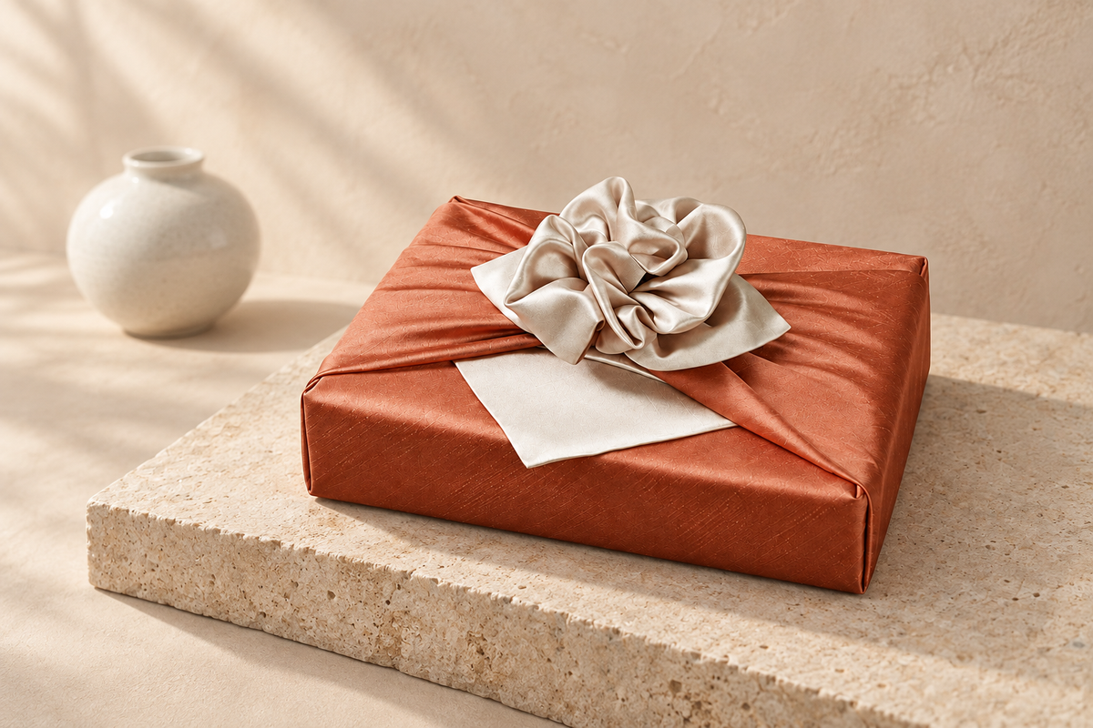 Slub Double Layer Reversible Bojagi Dark Orange Ivory 50 150Cm — Korean ceramic display