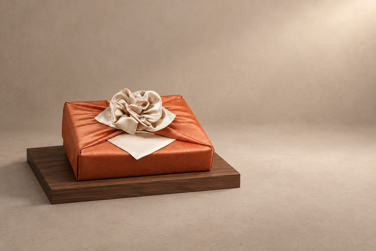 Slub Double Layer Reversible Bojagi Dark Orange Ivory 50 150Cm — low plinth display