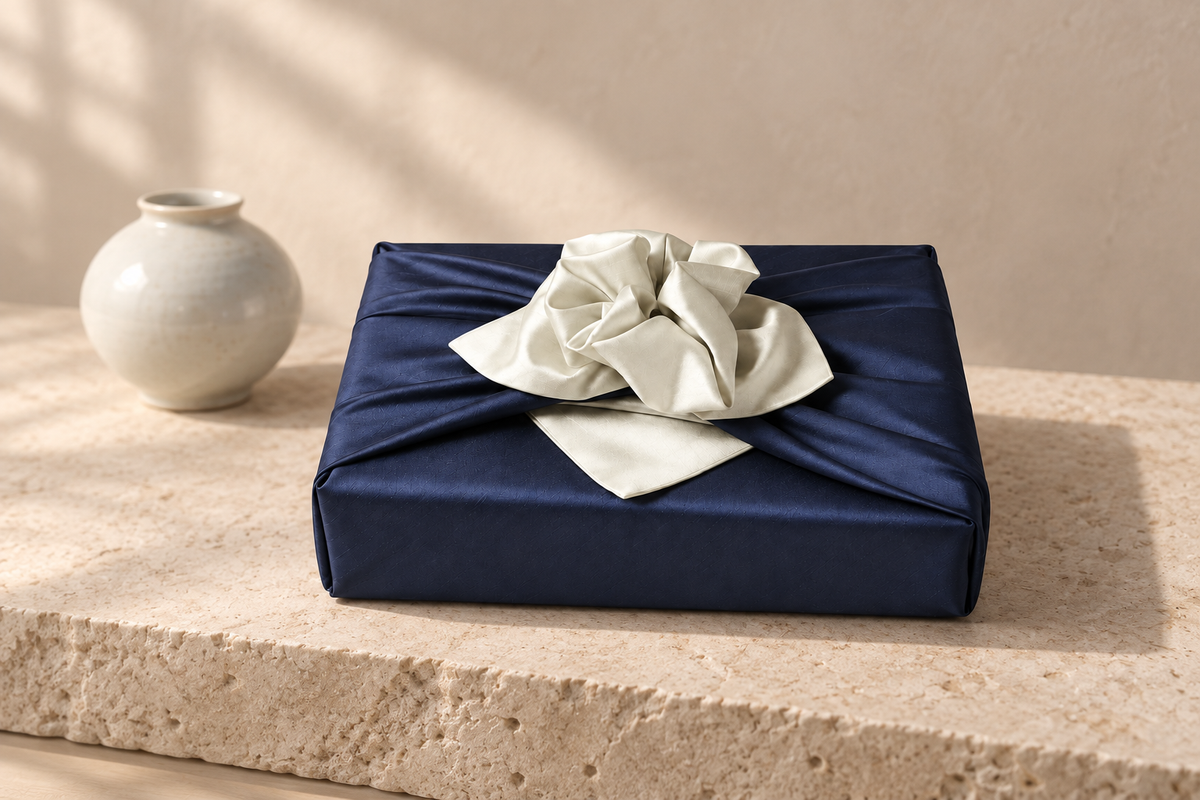 Slub Double Layer Reversible Bojagi Deep Navy Ivory 50 150Cm — Korean ceramic display