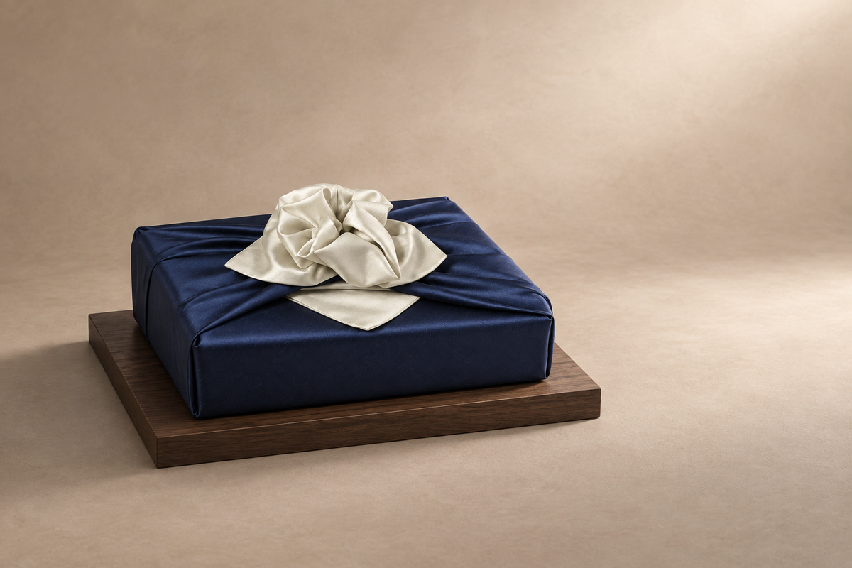 Slub Double Layer Reversible Bojagi Deep Navy Ivory 50 150Cm — low plinth display