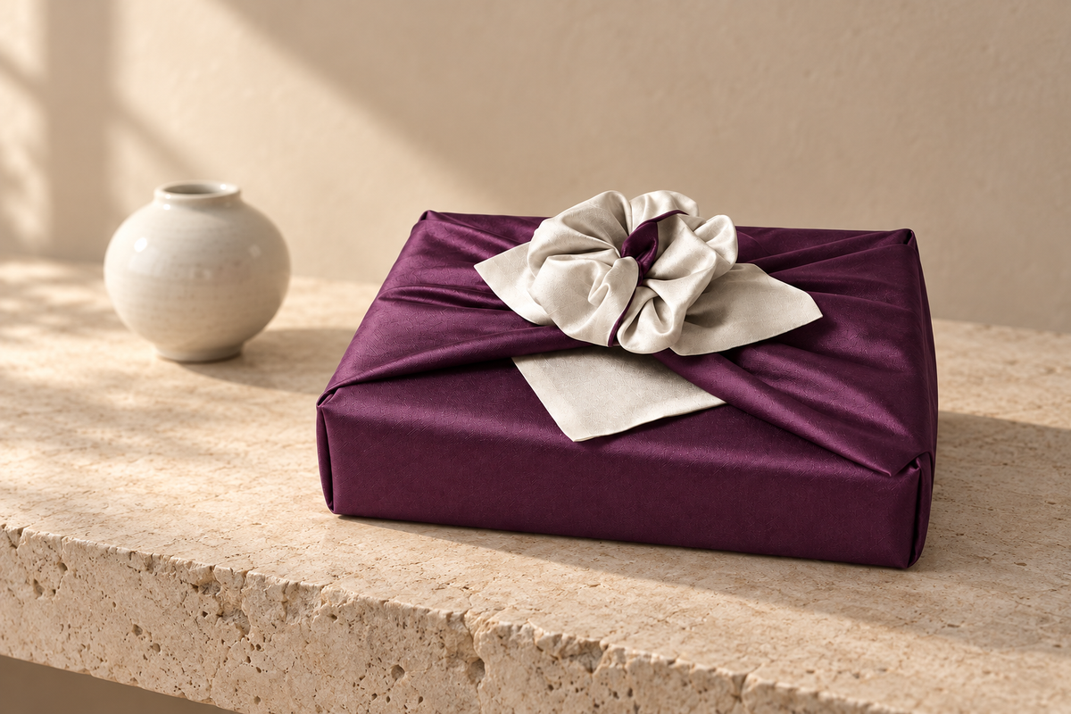Slub Double Layer Reversible Bojagi Deep Purple Ivory 50 150Cm — Korean ceramic display
