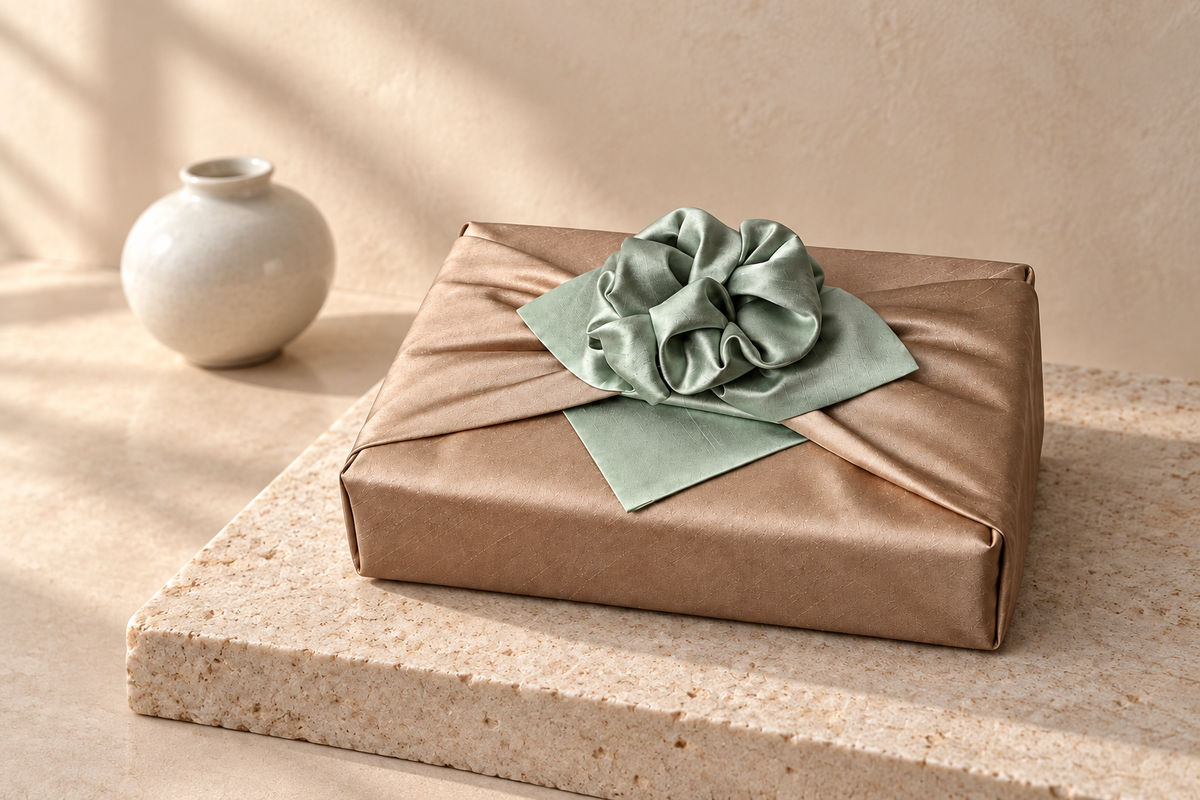 Slub Double Layer Reversible Bojagi Green Beige 50 150Cm — Korean ceramic display