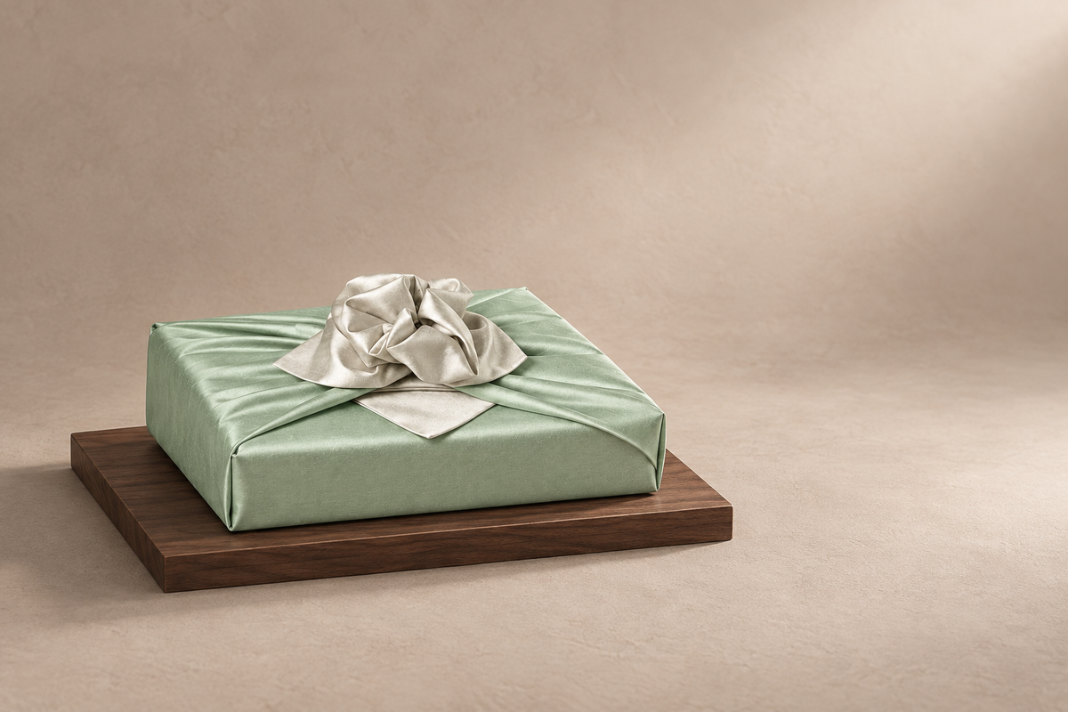 Slub Double Layer Reversible Bojagi Pastel Green Ivory 50 150Cm — low plinth display
