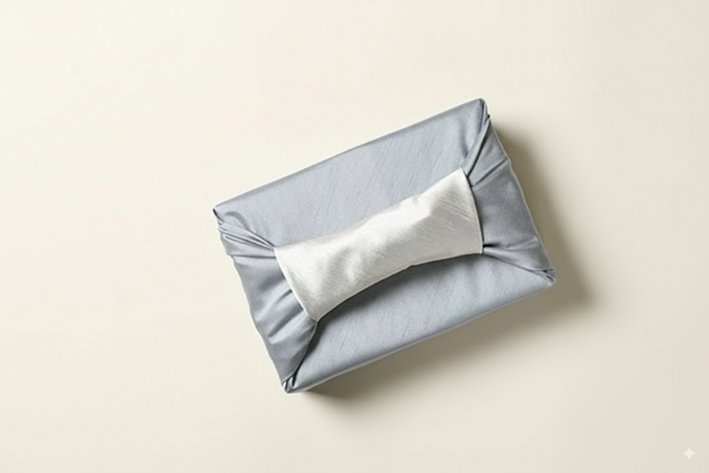 bojagi gift wrap — slub double-layer reversible — blue gray/ivory — 50 cm — solid ivory background