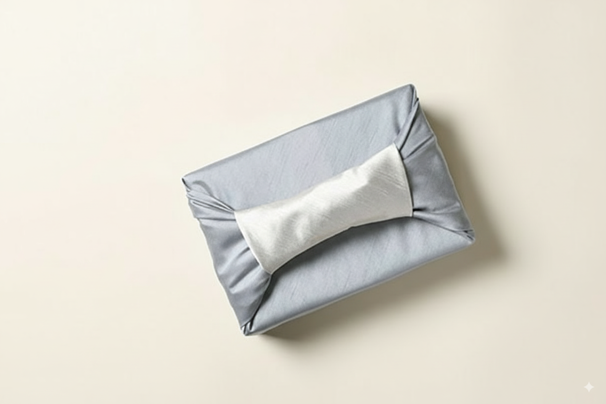 bojagi gift wrap — slub double-layer reversible — blue gray/ivory — 50 cm — solid ivory background