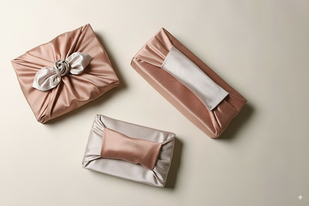 bojagi gift wrap — slub double-layer reversible — nude beige/ivory — 60 cm — solid ivory background